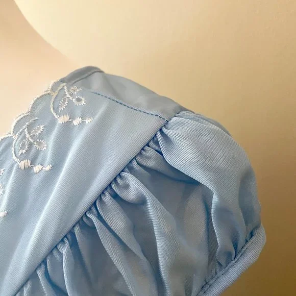 Vintage Nightgown Blue Nylon with Ruffled Cap Sleeves Medium - Picture 6 of 8